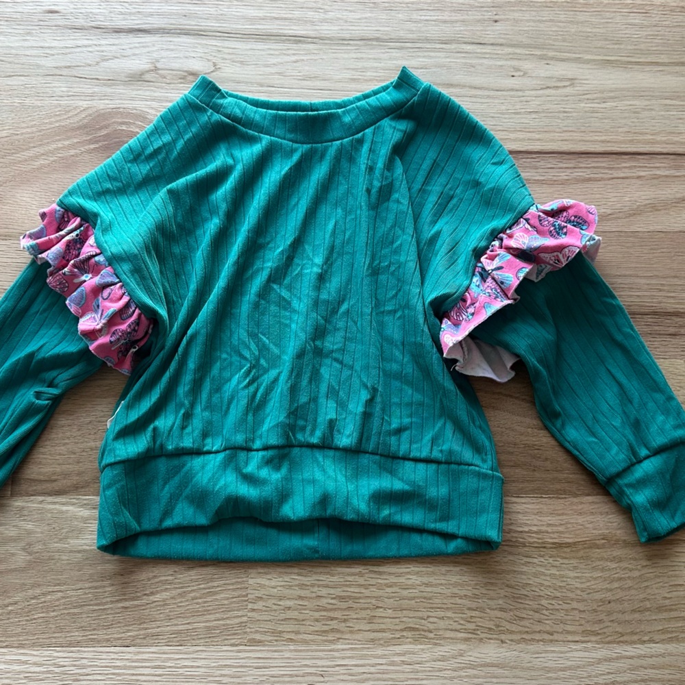 Handmade- Teal Long Sleeve Top with Pink Ruffle Accents